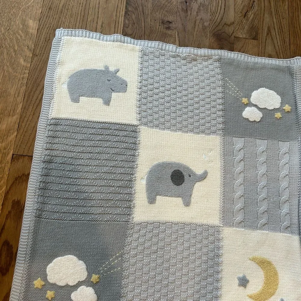 Pottery Barn Heirloom animal hippo elephant Patchwork Baby Blanket Sherpa Back